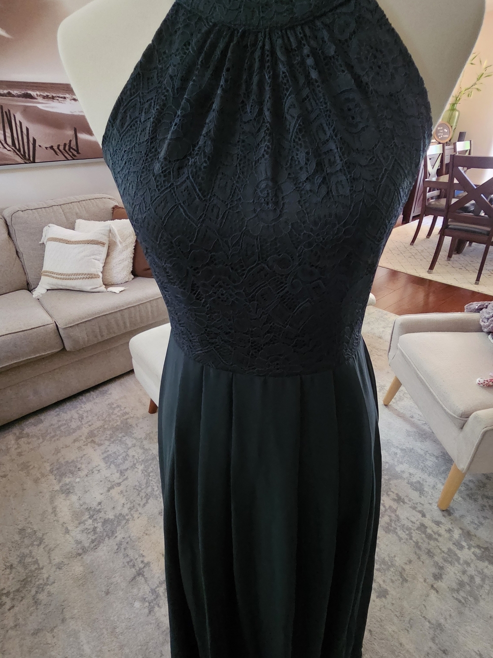 Lace-Detail Halter Evening Long Dress - Green-  Size S